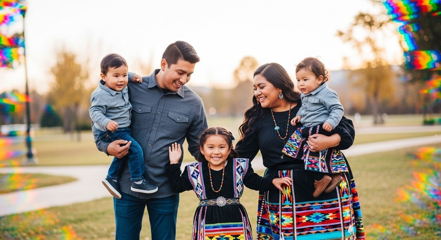 Family of five smiling in park. Parents hold toddlers, young child in front.