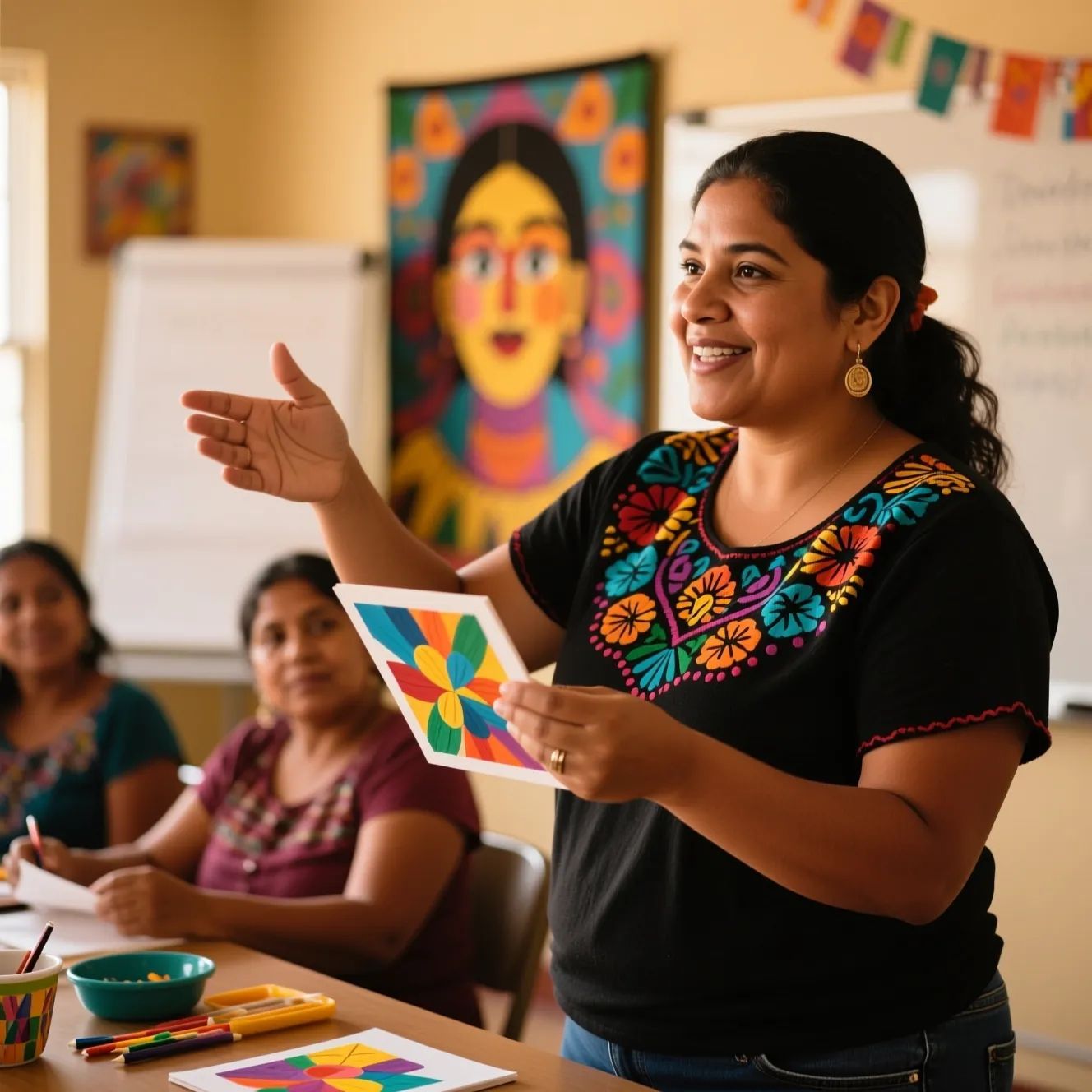 Woman with colorful embroidered top teaching a class; holding artwork, smiling.