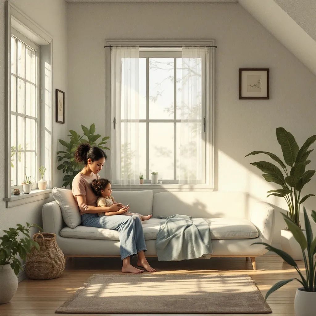 A person and child sit on a couch near a window. Plants and natural light fill the room.