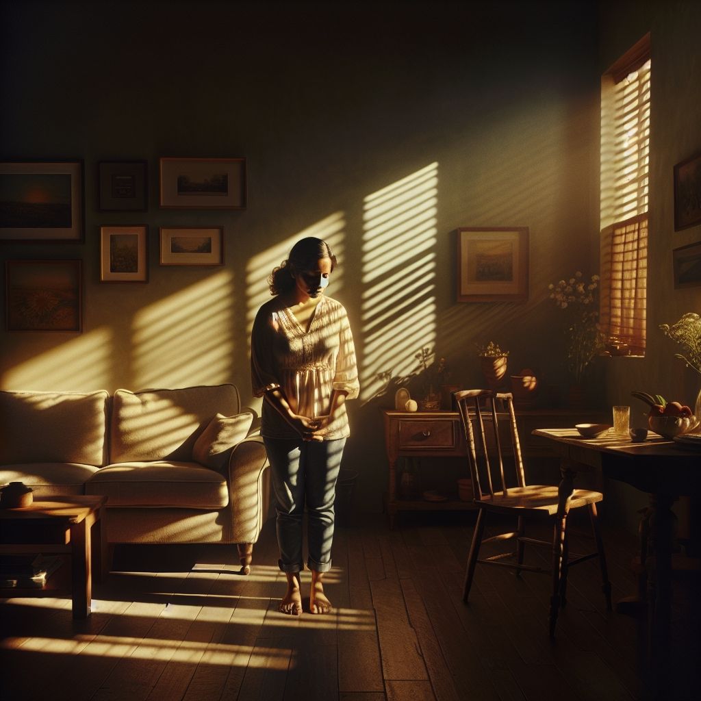 Woman standing by sunlit window in a living room, looking toward light.