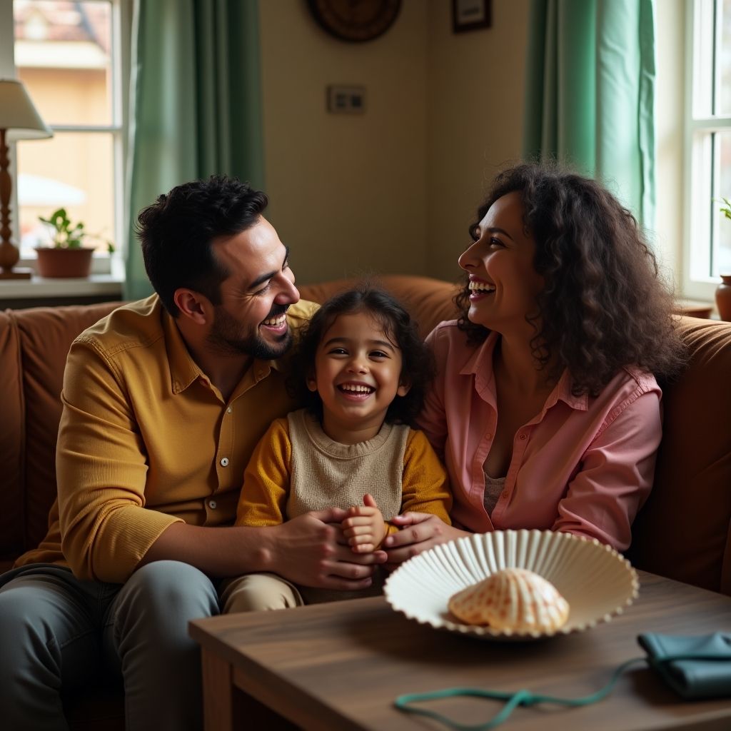 Family laughing on a couch. A child sits between parents.