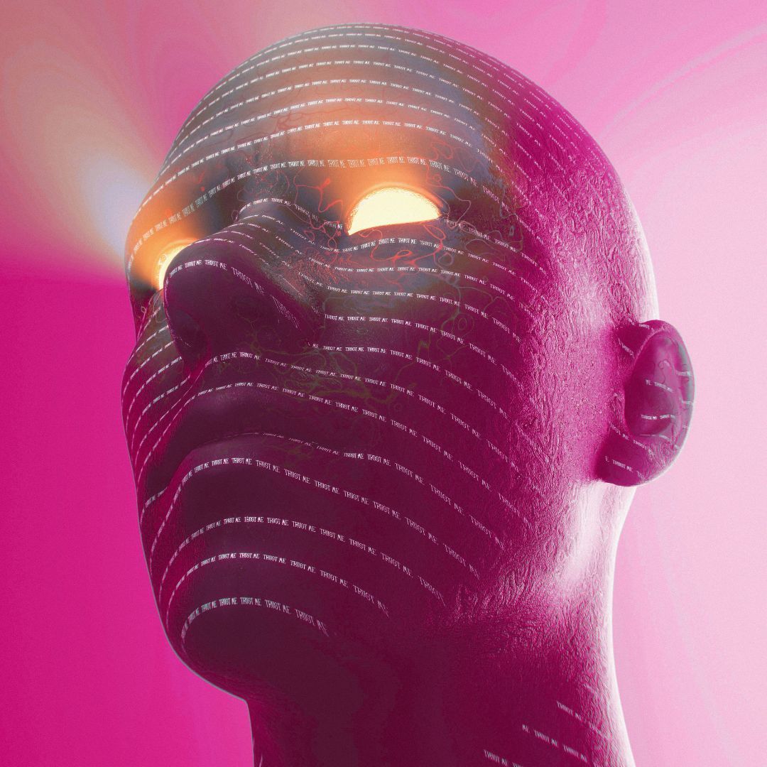 Abstract pink-lit face with glowing eyes and white contour lines on a dark background