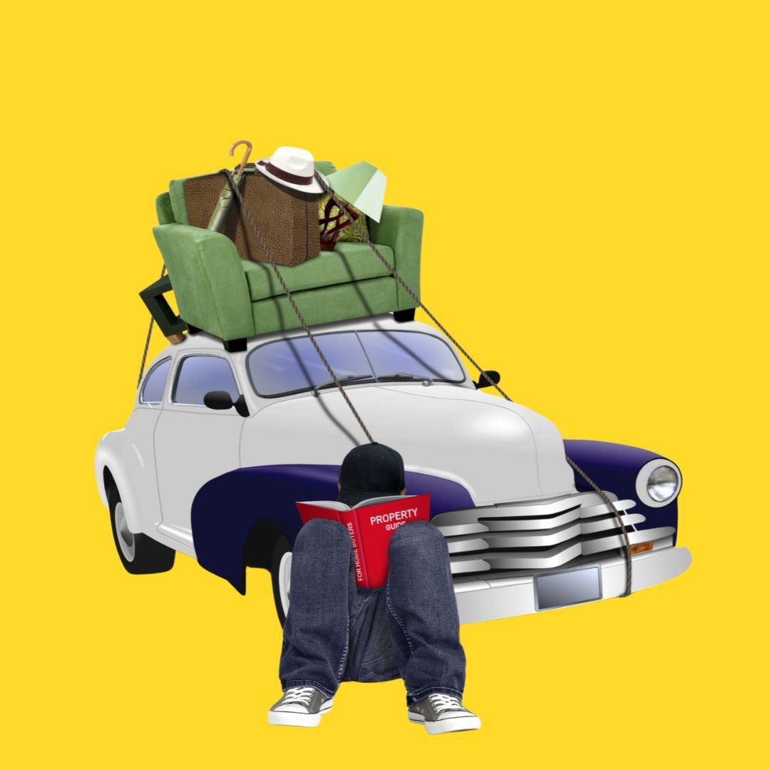 White car loaded with a green couch, suitcase, hat, and chair, with jeans and sneakers in front on yellow background