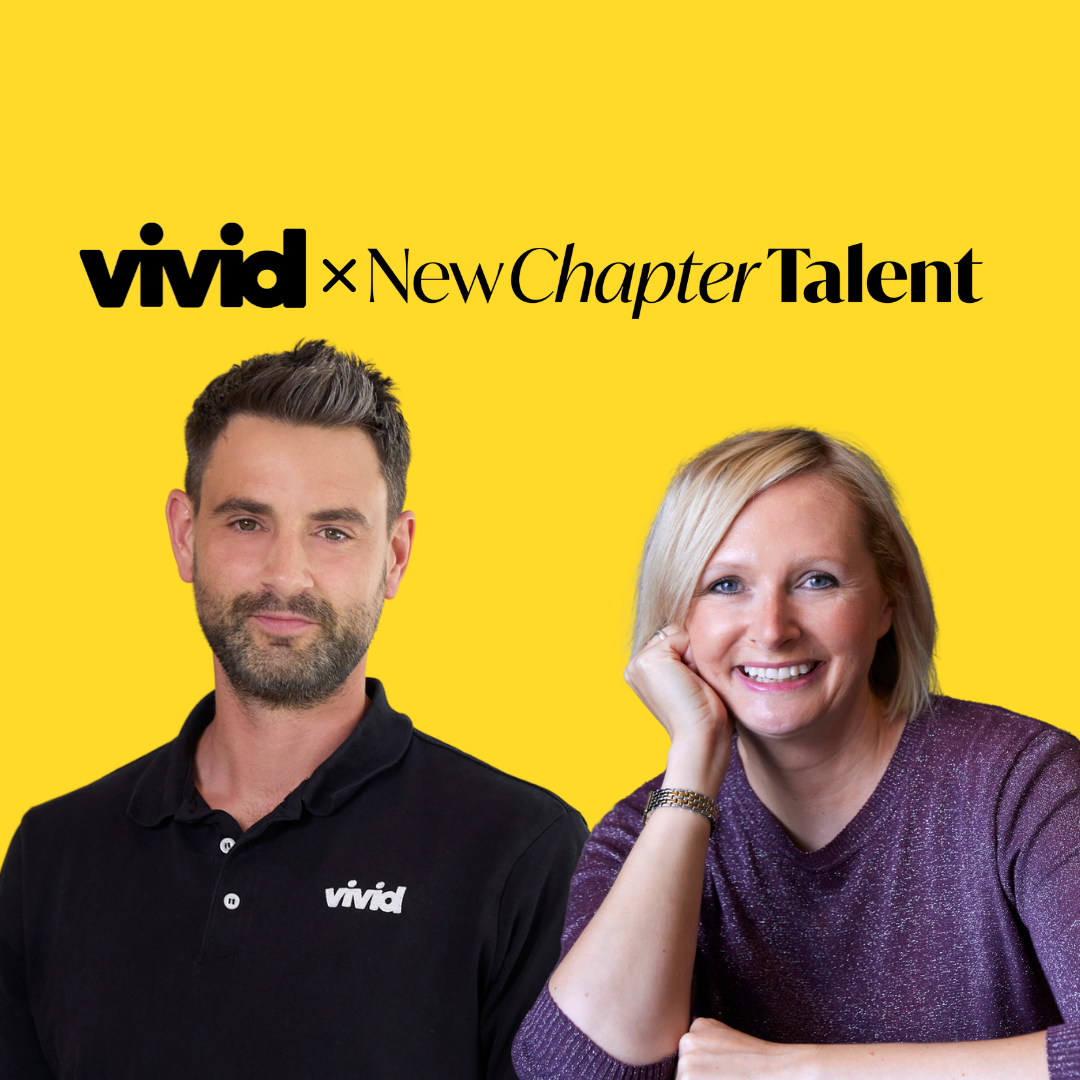 Vivid x New Chapter Talent logo above two smiling people on a bright yellow background