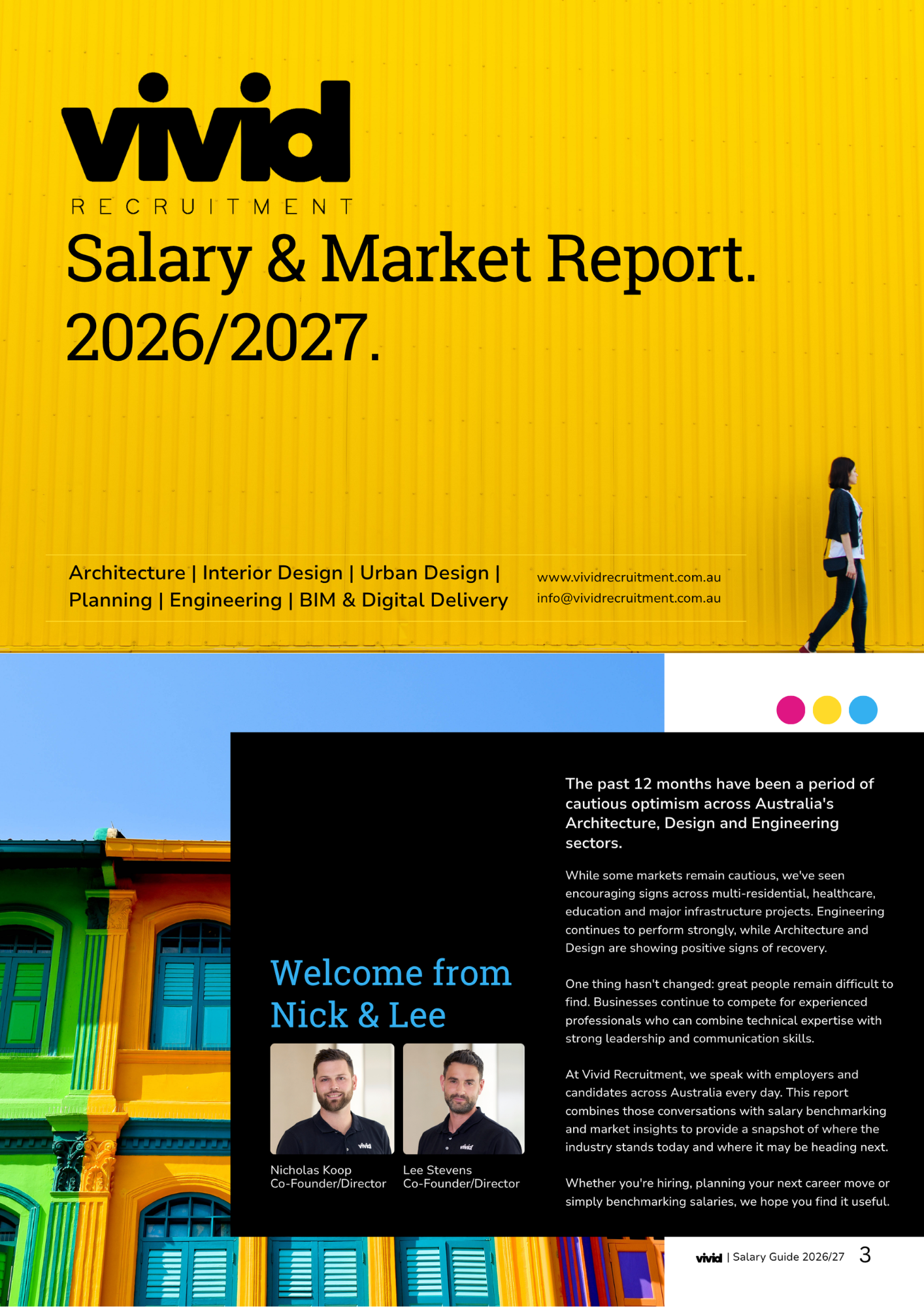 Cover of a salary guide, a woman with sunglasses and a drink, and Vivid Recruitment logo.