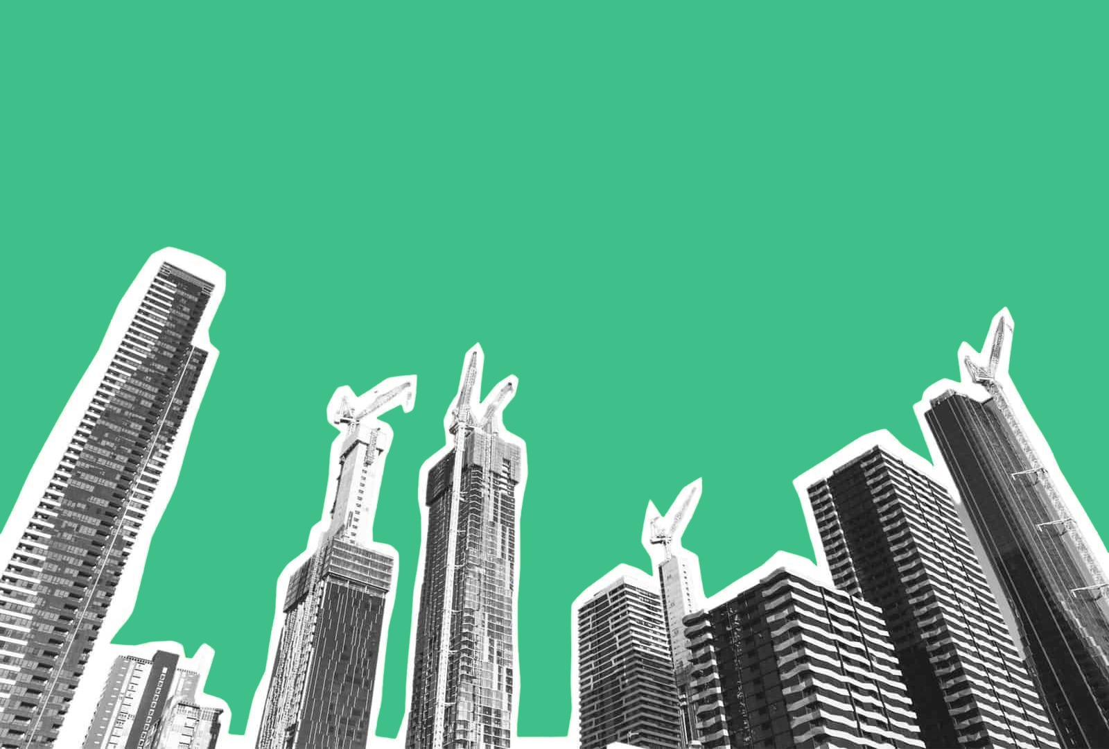 City skyscrapers against a green sky, black and white with white outlines.