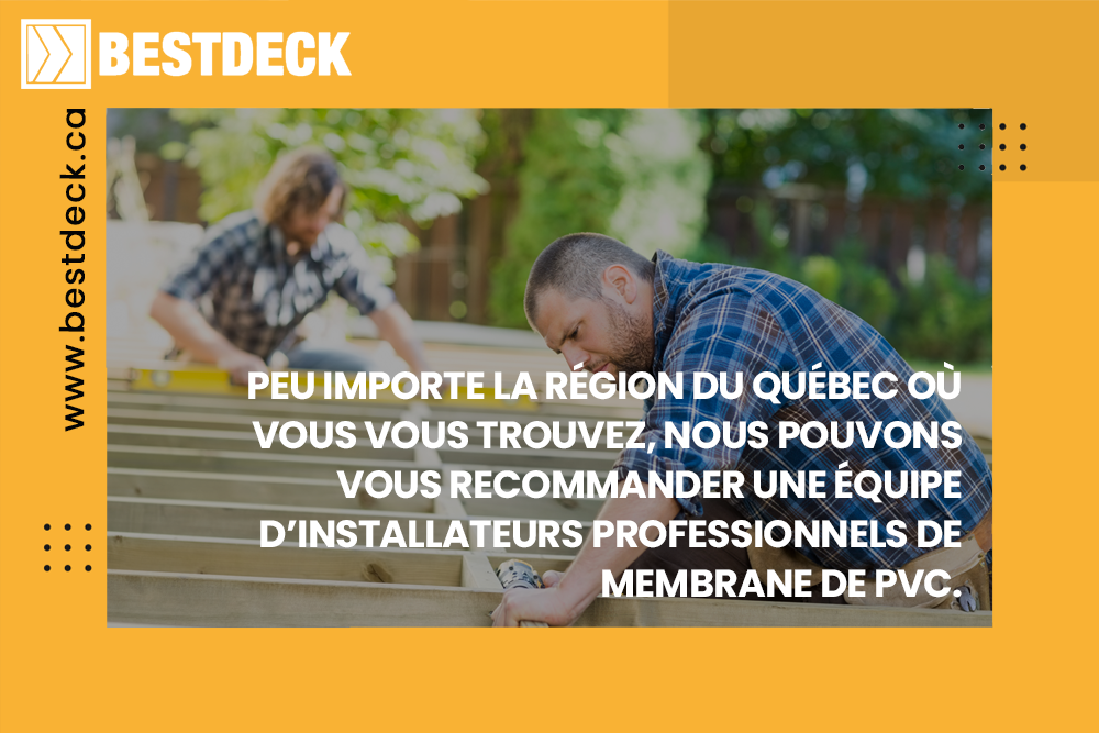 Une photo de deux hommes qui construisent un patio avec une citation. sur l'image.