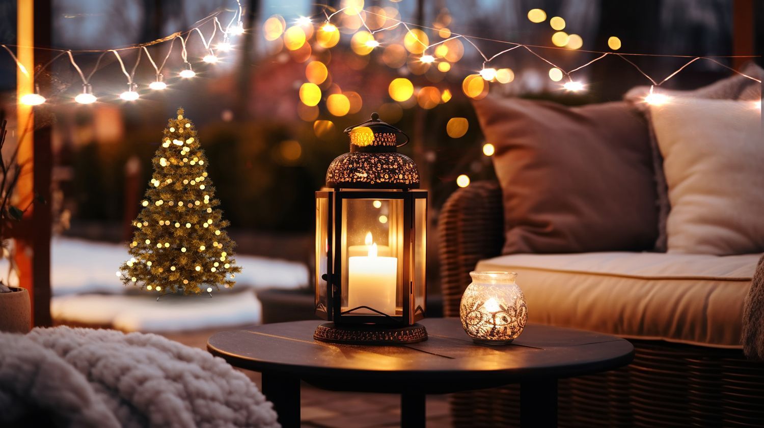 Une table avec une bougie et un sapin de Noël dessus.