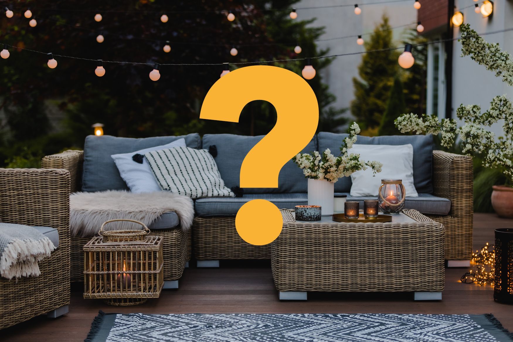 A yellow question mark is above a wicker patio set image.