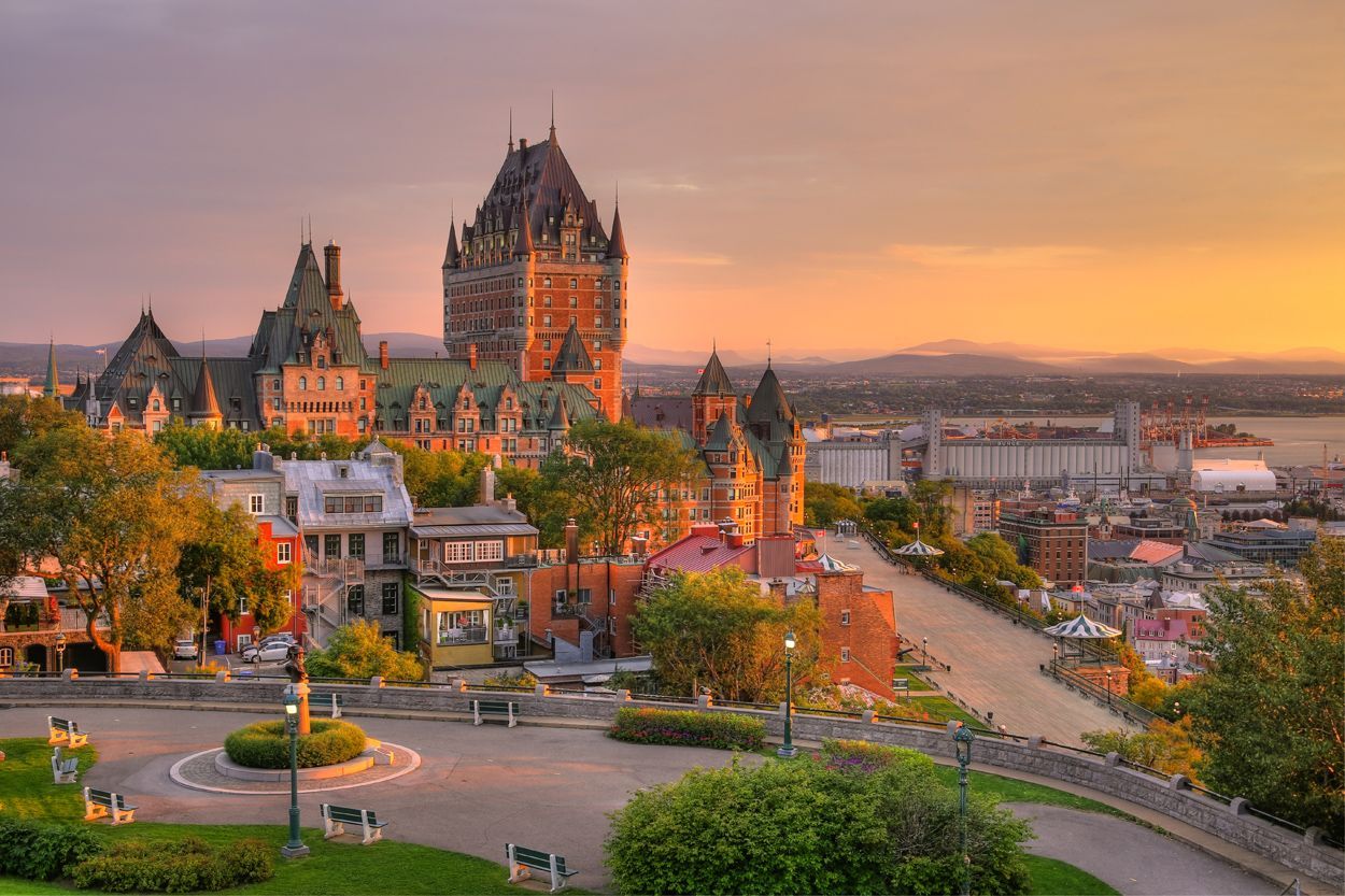 An aerial view of Quebec city with Le Château Frontenac.