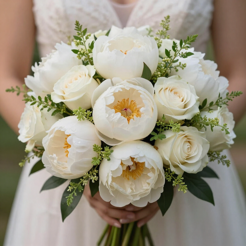 Ramo de rosas blancas y peonías con follaje verde sostenido por una persona vestida de blanco.