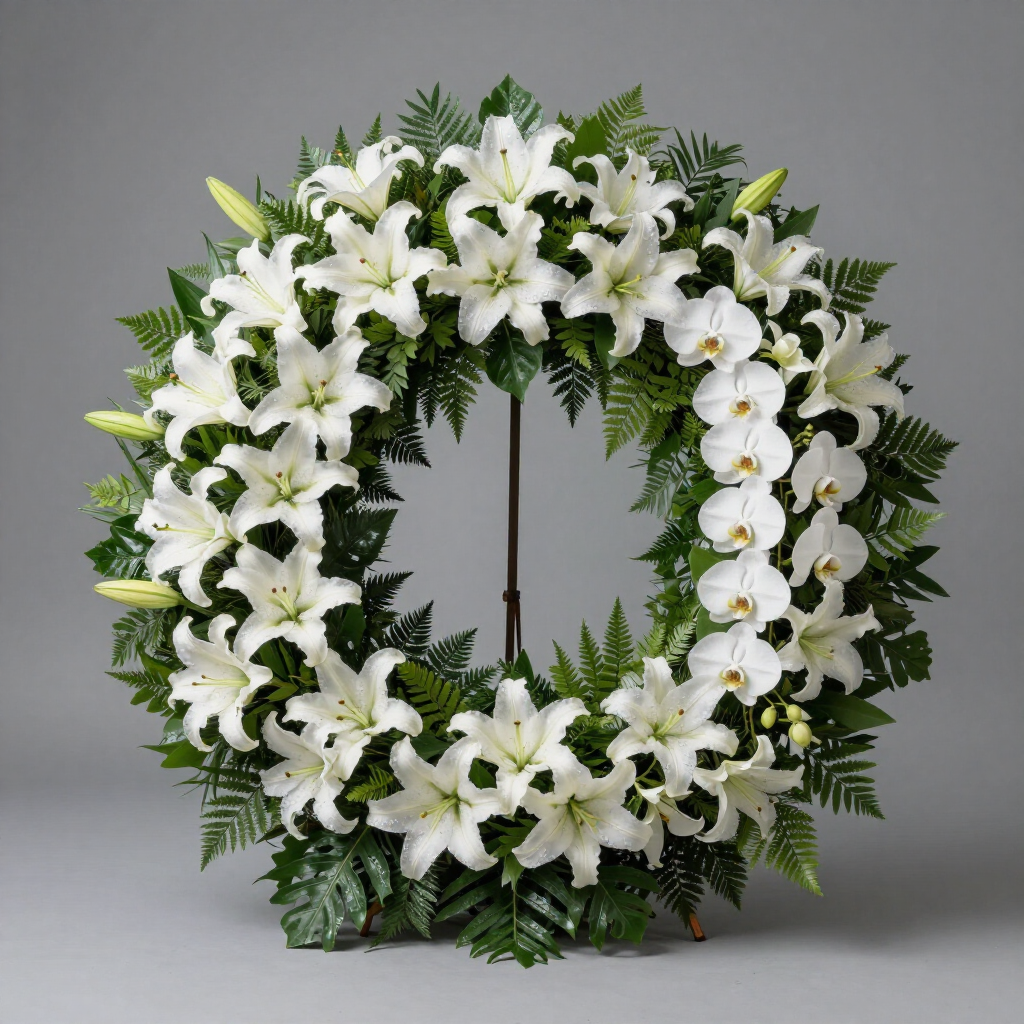 Corona funeraria floral blanca con lirios y orquídeas sobre un soporte, centrada sobre un fondo gris.
