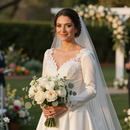Novia con vestido de encaje blanco y velo sosteniendo un ramo de flores blancas al aire libre.