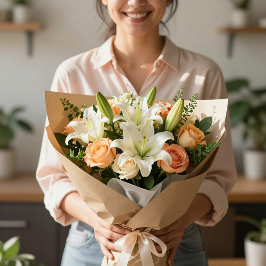 Una florista prepara un colorido ramo en una floristería con estantes llenos de macetas y flores.