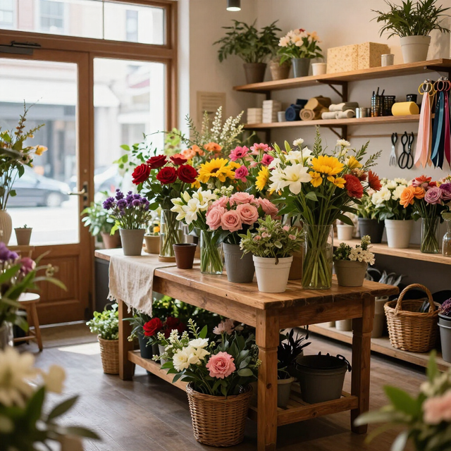 Interior luminoso de una floristería con coloridos ramos sobre mesas y estantes de madera cerca de una ventana.