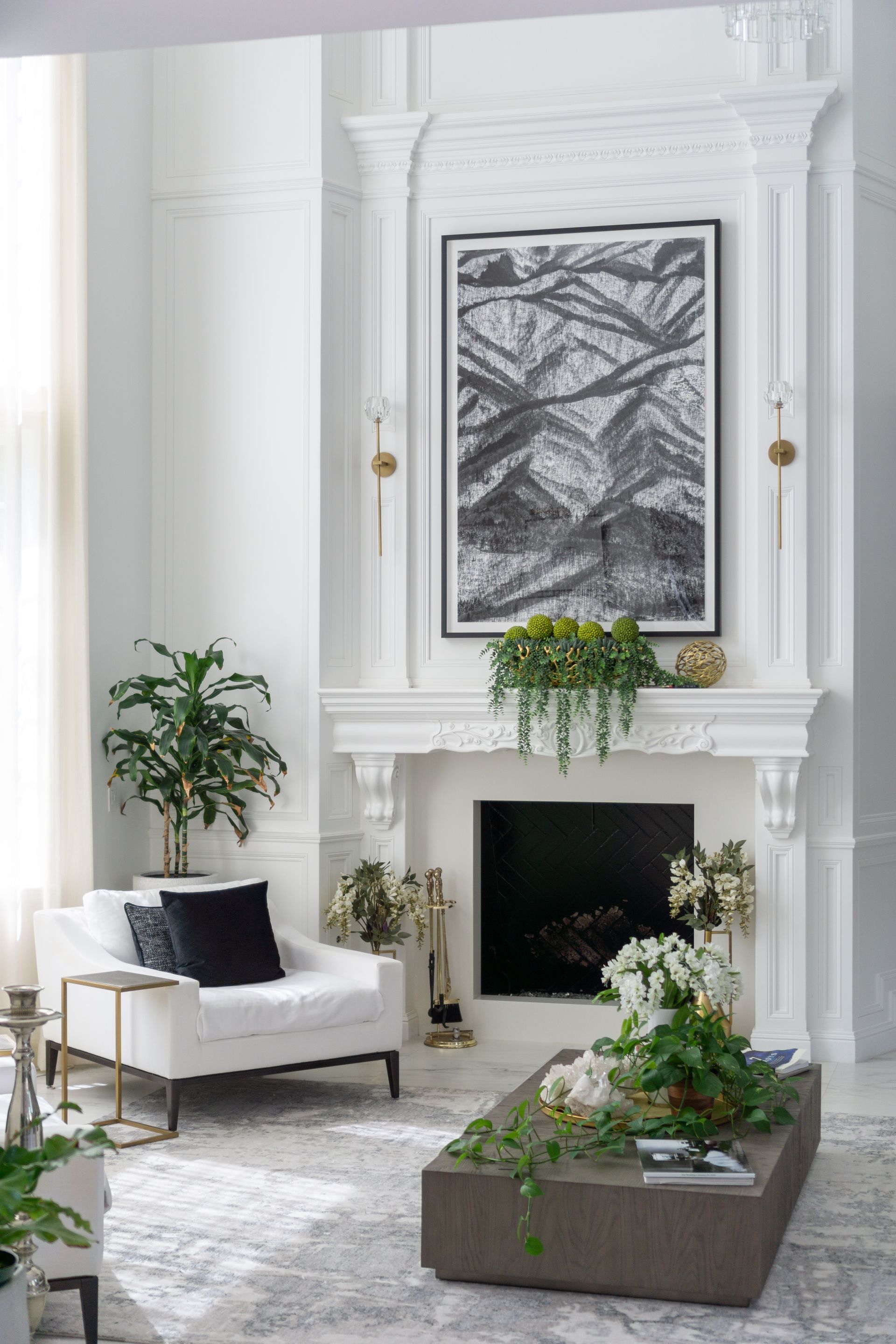 living room with custom white woodwork