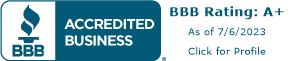BBB Accredited Business badge with A+ rating as of 7/6/2023 and “Click for Profile” text, blue and white.