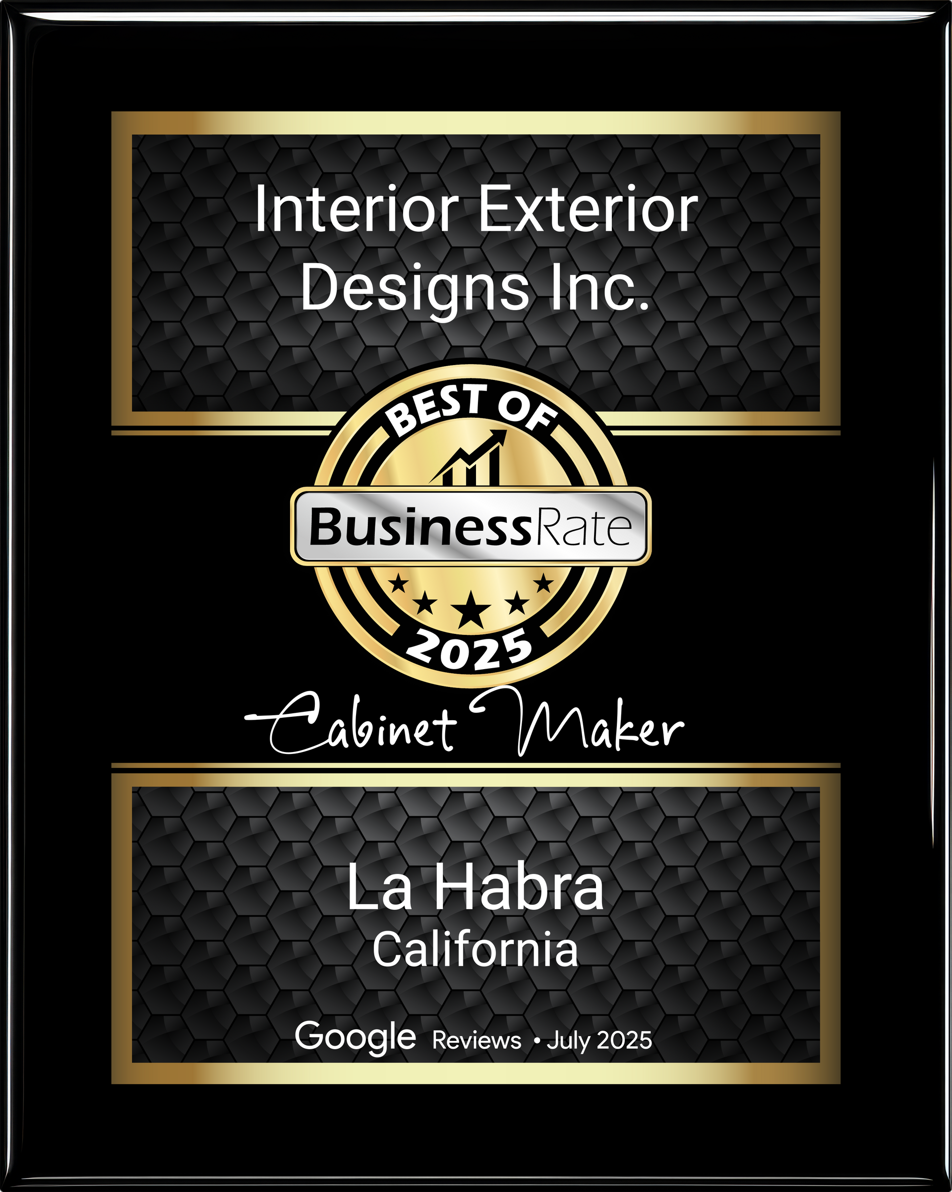 Award plaque for Interior Exterior Designs Inc., Best of Business 2025, La Habra, California.