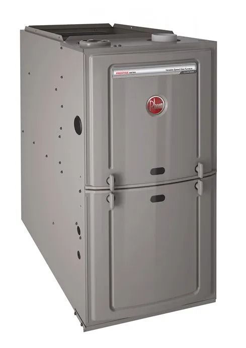 Gray Rheem gas furnace. Two-door access panel with red Rheem logo, vents on top.