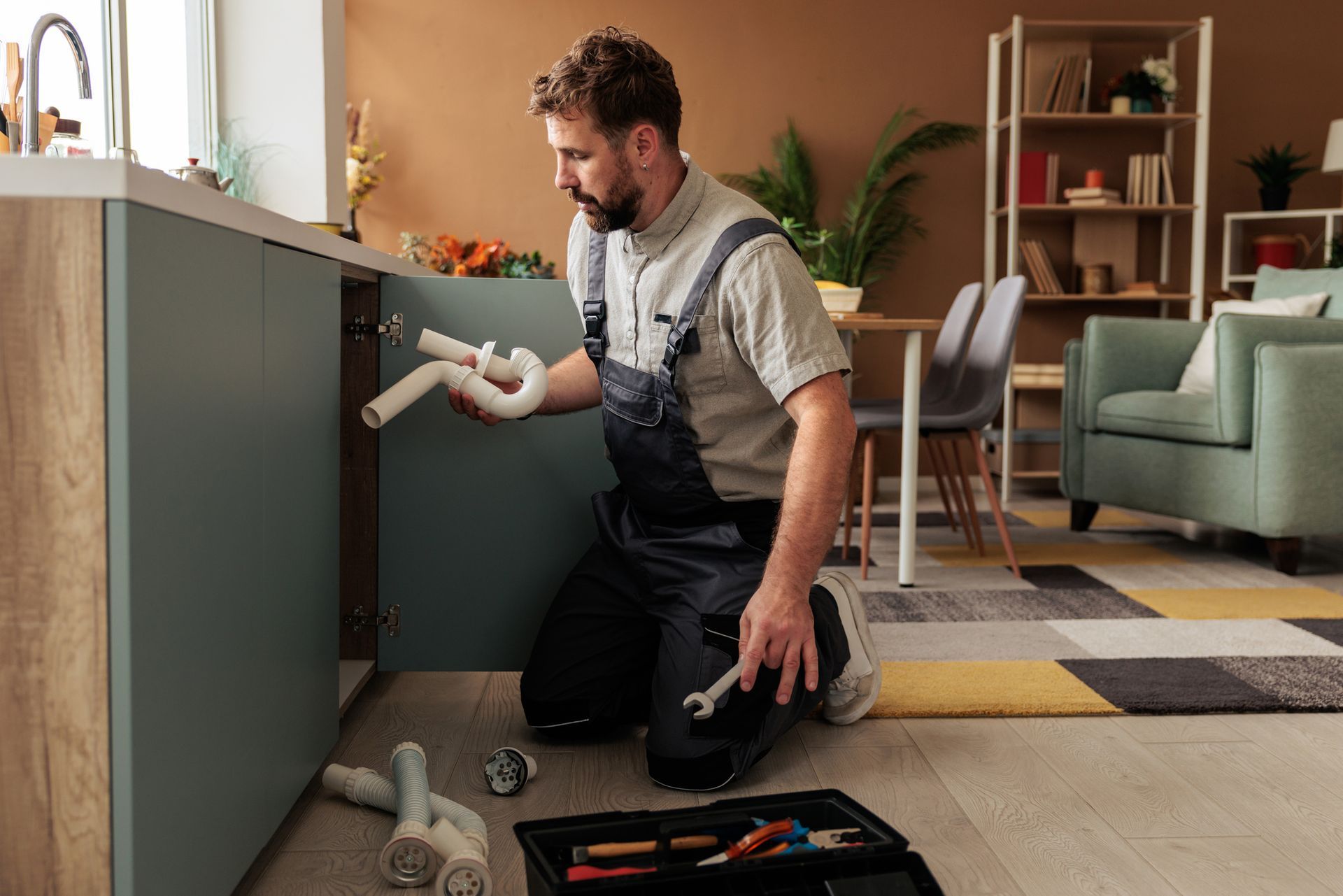 Plumber repairing kitchen sink pipes with tools and fittings on floor.