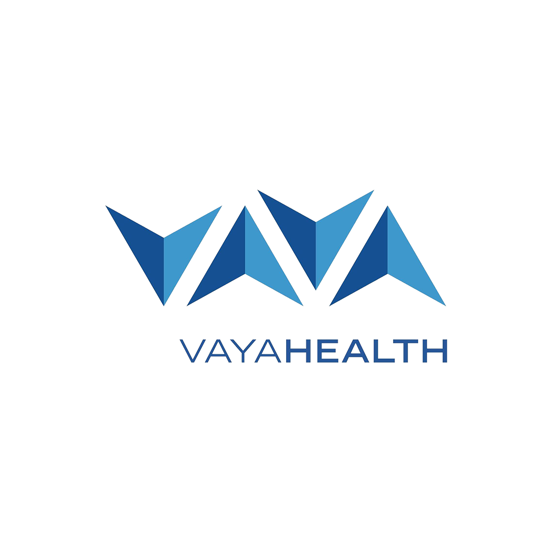 The logo for vaya health is a blue triangle on a white background.