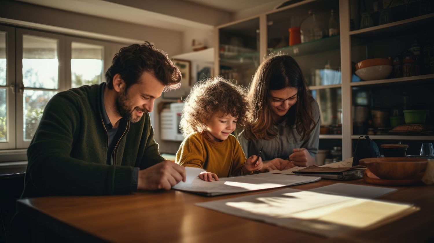 A man , woman and child are sitting at a table.