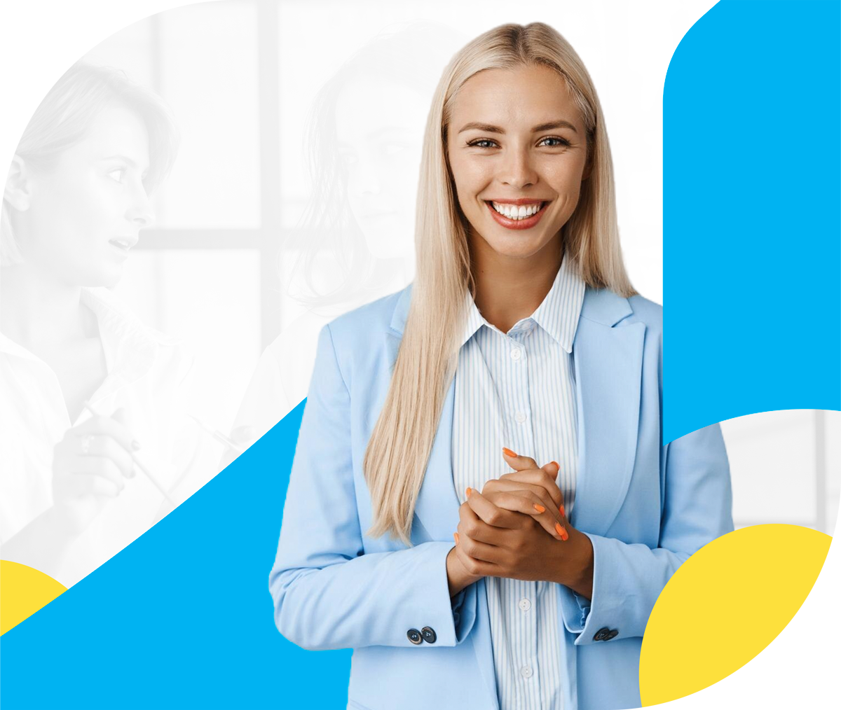 A woman in a blue suit is smiling with her hands folded.