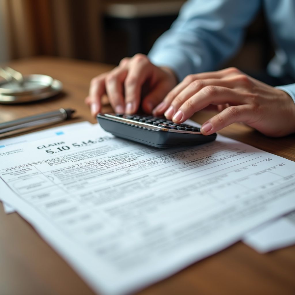 Person using a calculator on tax forms at a wooden desk.