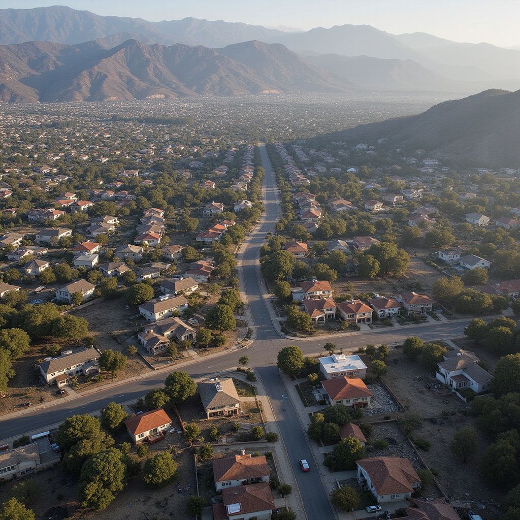 Aerial view of a suburban neighborhood with houses, streets, and mountains in the background.