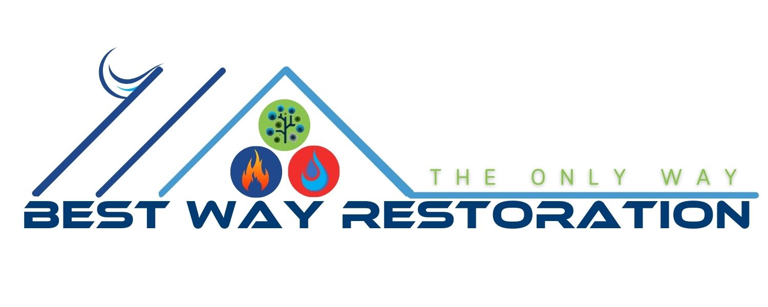Logo for Best Way Restoration with a roof outline and elements representing fire, water, air, and the moon.