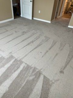 Beige carpet with noticeable streaks, in a room with tan walls and a white door.