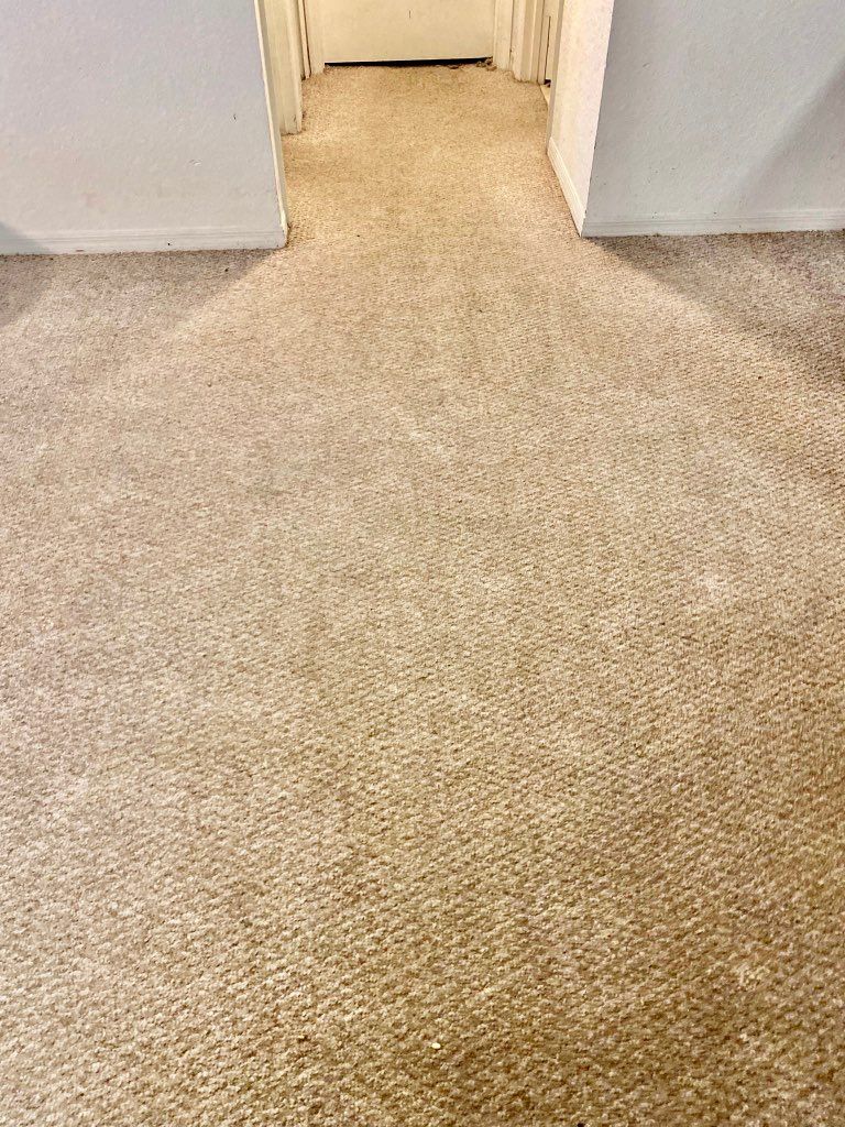 Beige carpeted hallway leading to a doorway. White walls border the opening.