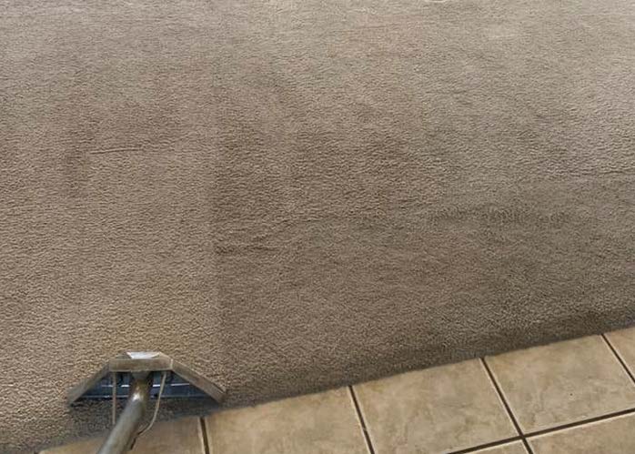 Carpet being cleaned with a machine; shows a clean strip next to the uncleaned part. Tile floor.