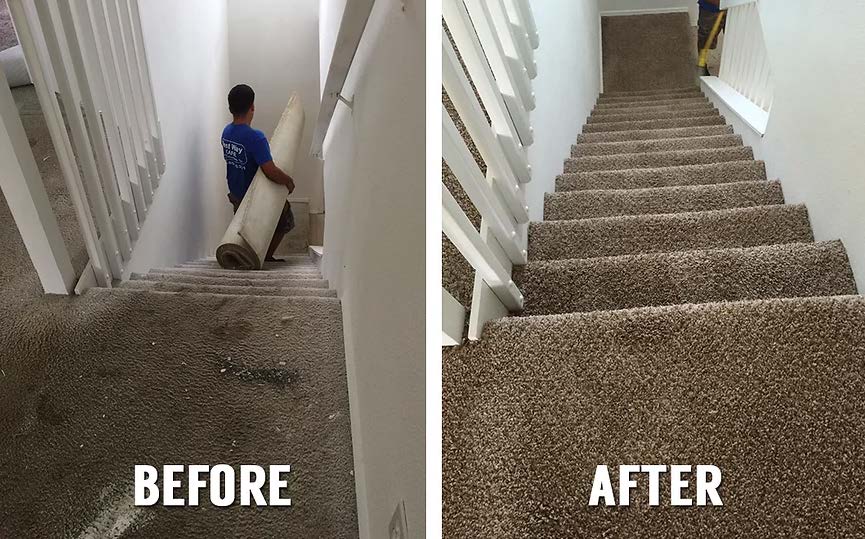 Before and after view of stairs. Dirty carpet before, new brown carpet after installation.