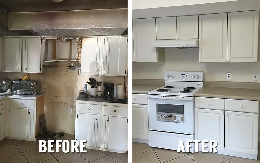 Kitchen before and after renovation: burnt cabinet area replaced, white cabinets, new stove.
