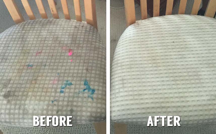 Chair cushion before and after cleaning: stained with colorful marks, now clean.