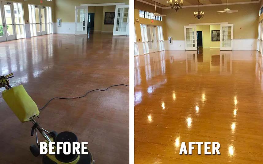 Before and after comparison of a hardwood floor refinishing, showing a dull floor being polished to a high gloss in a large room.