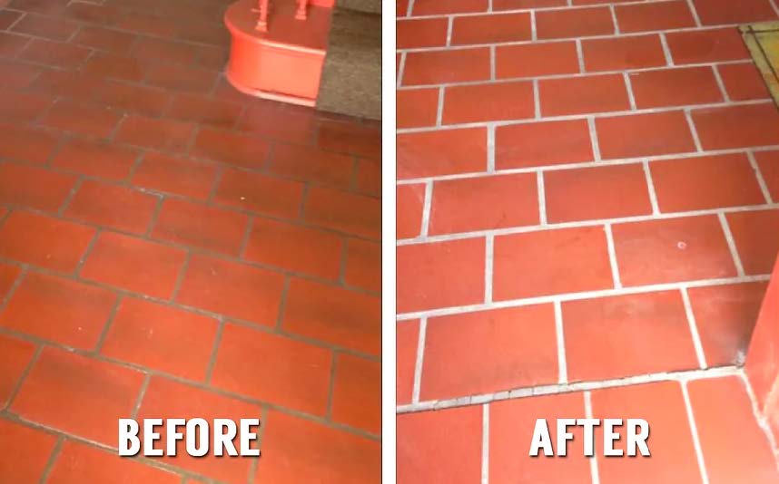 Before and after view of brick tile floor cleaning. The 