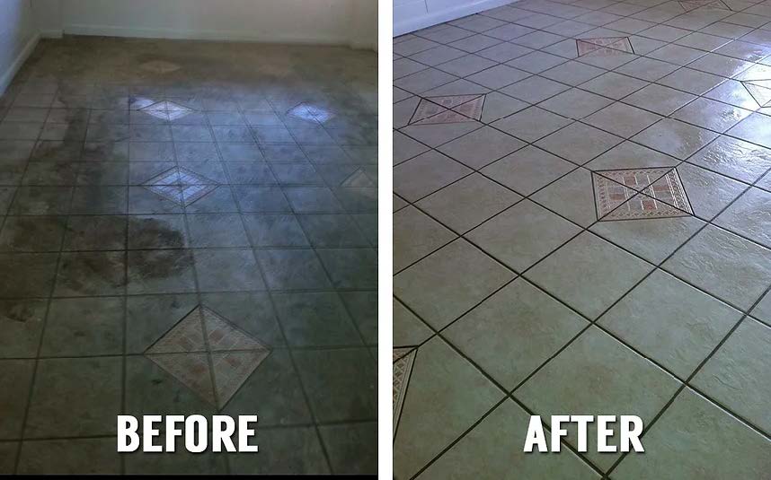 Before-and-after of a tile floor cleaning. The 'before' shows a dirty floor; the 'after' shows a clean and shiny floor.