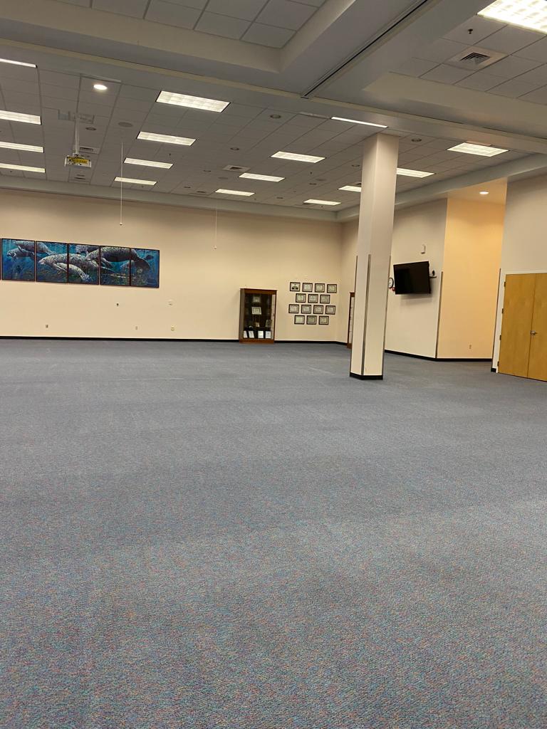 Large, empty room with blue carpet, white walls, and rectangular ceiling lights. Artwork and a pillar are visible.