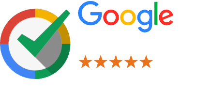 Google logo with checkmark in a colored circle and five orange stars.