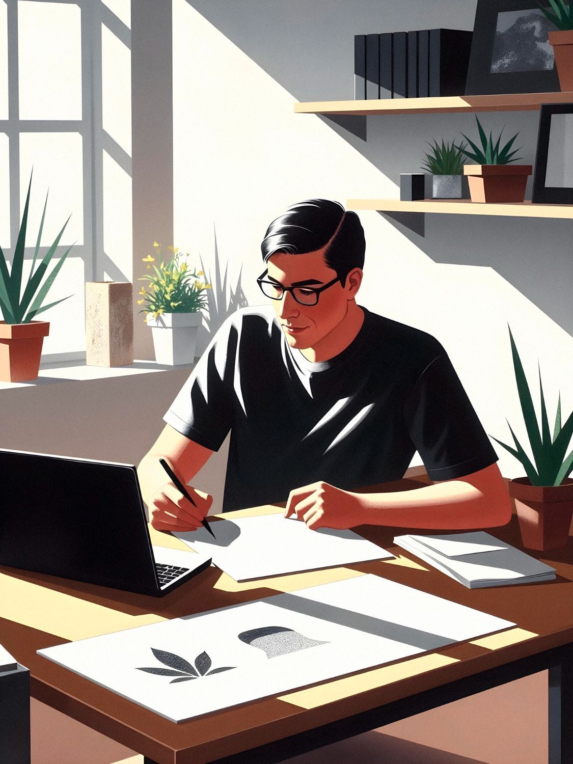 A person with glasses writes at a desk with a laptop and plants in a sunlit room.