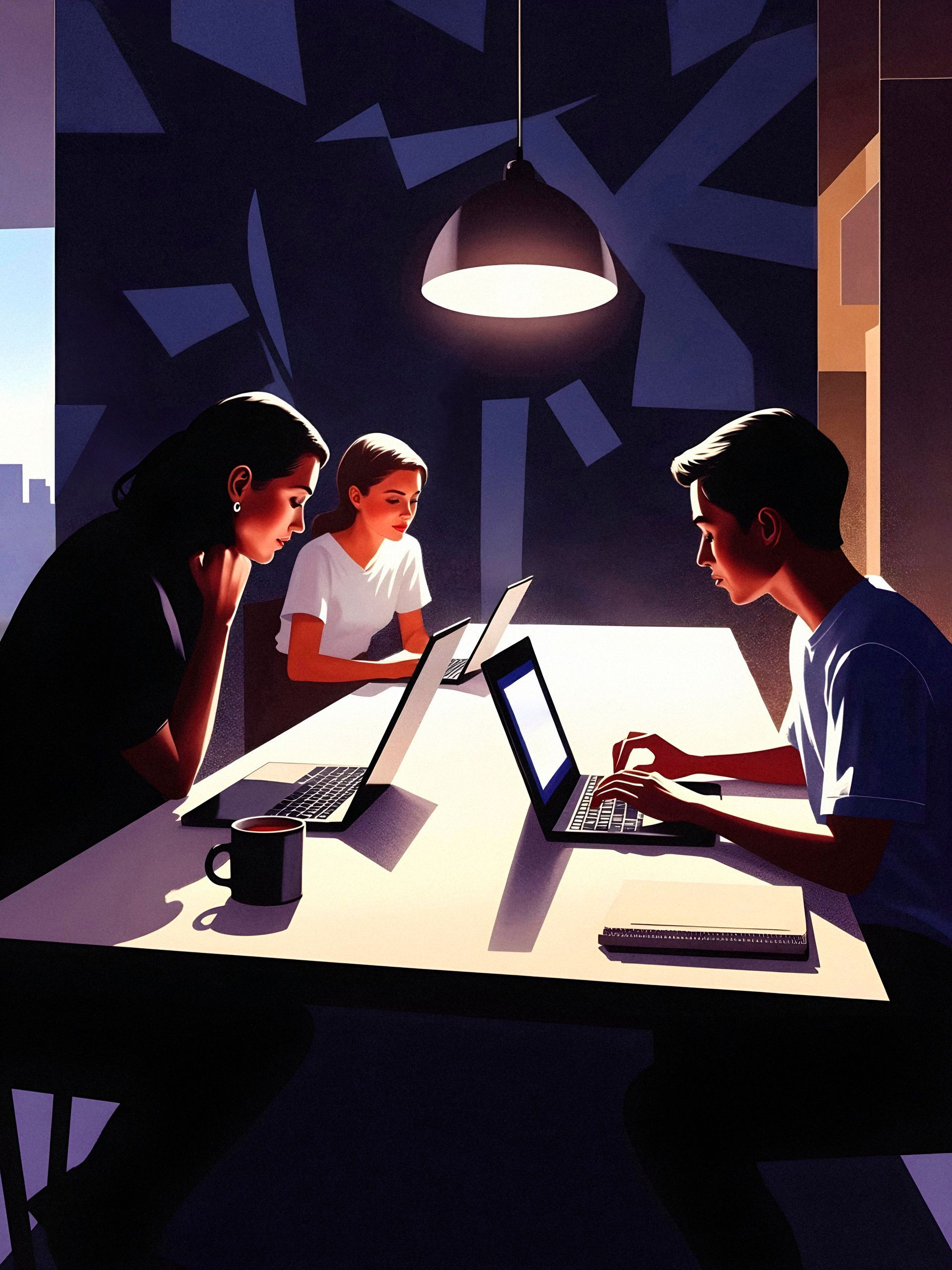 Three people sit at a table under a hanging light, focused on their open laptops in a dimly lit, contemporary workspace.