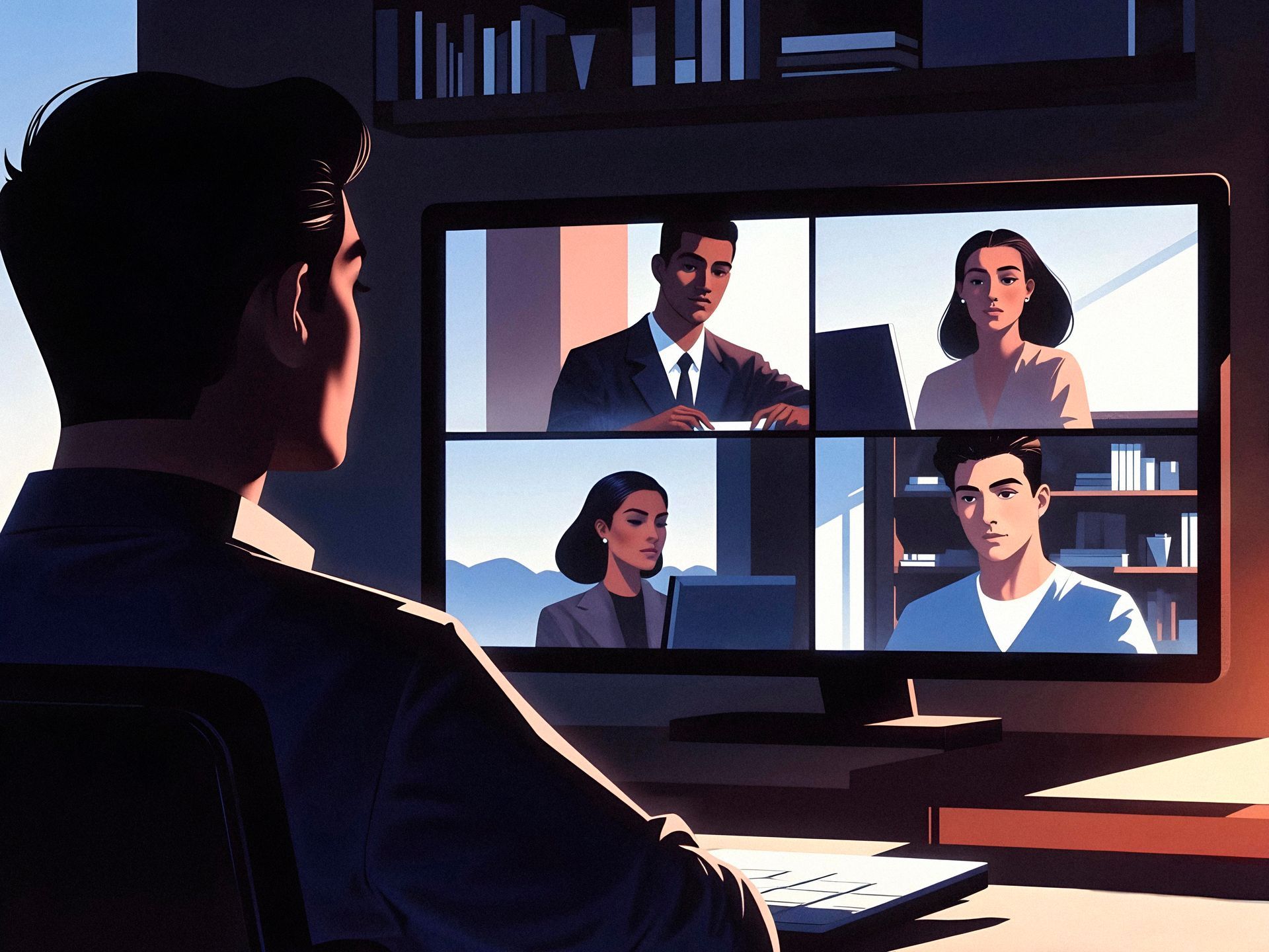 Person watching a four-person video call on a desktop monitor in a dim room. Compass Strategy.