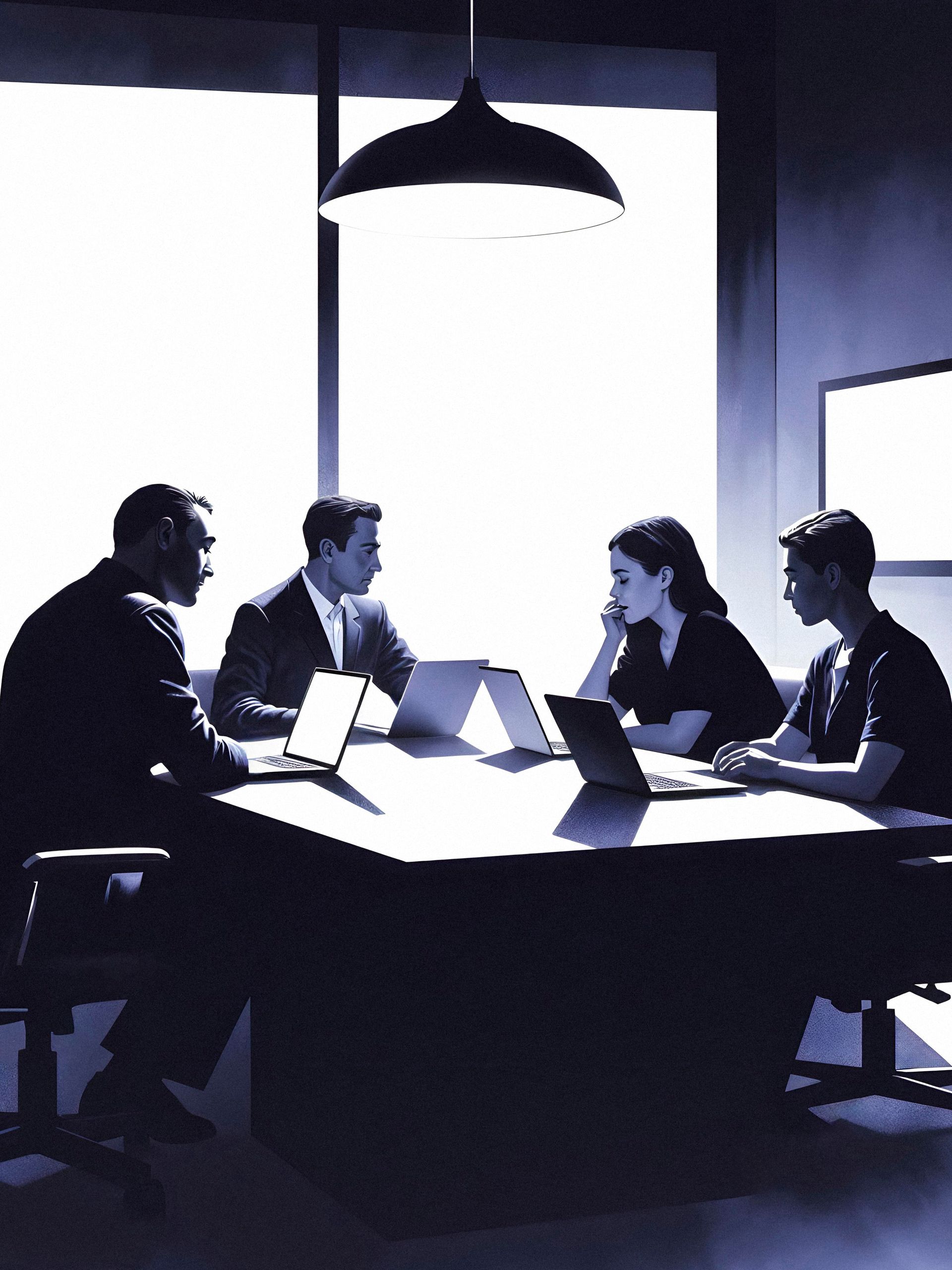 Four people sit at a desk in a dark, backlit room, working on laptops in a meeting.