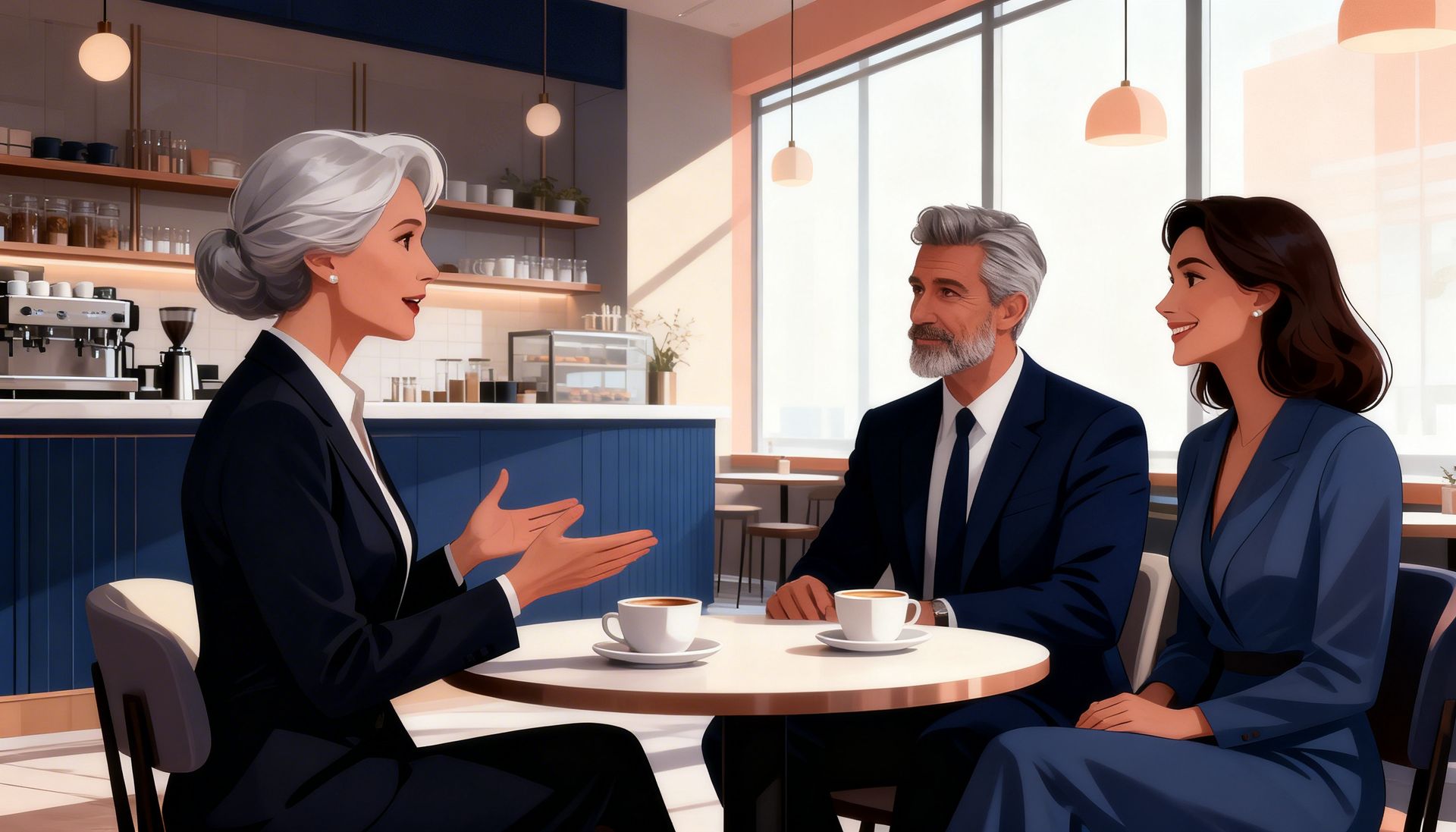 Three people in professional attire sit at a cafe table, conversing over cups of coffee.