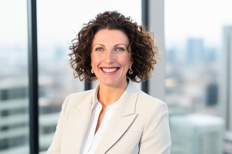 Smiling professional in a white blazer standing before a blurred office window backdrop