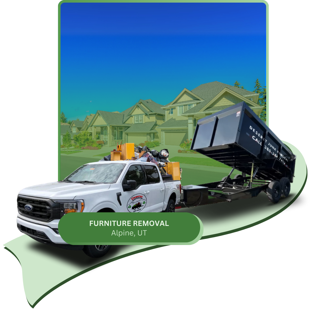 A Deseret junk removal pick-up car filled with discarded furniture with black junk trailer in front of houses.