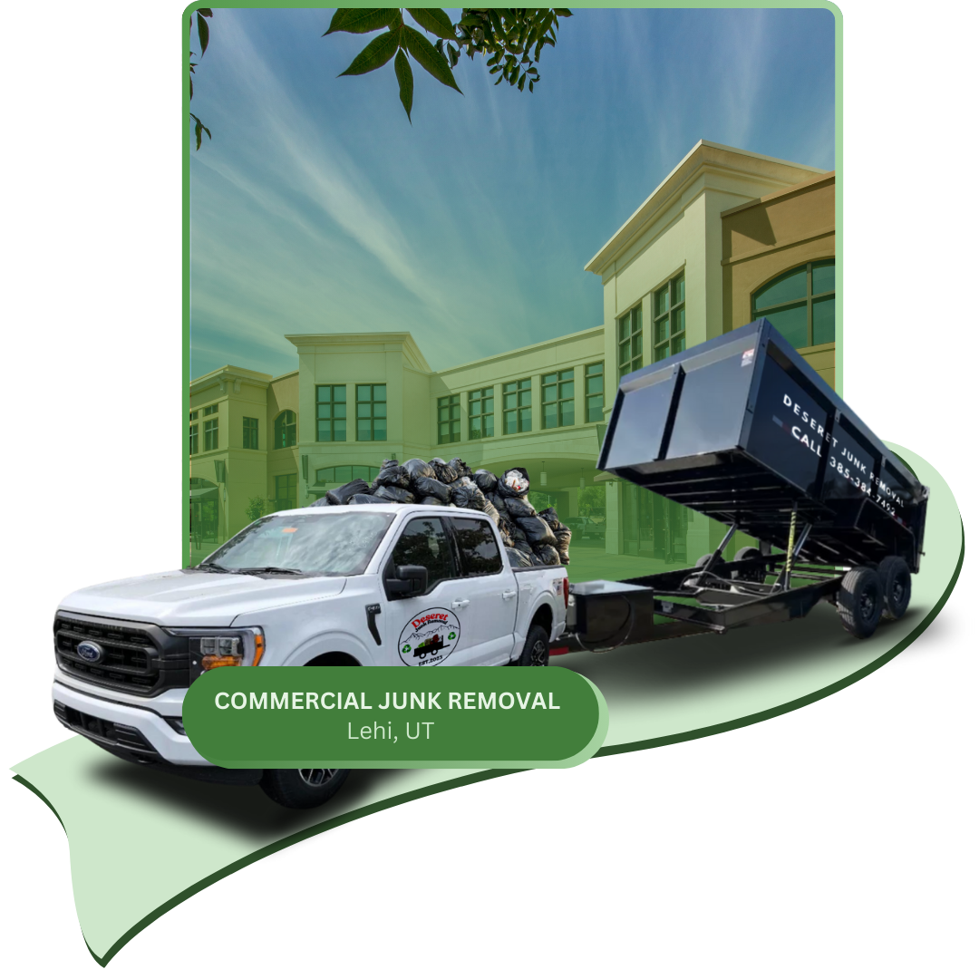 A Deseret junk removal pick-up car with black junk trailer in front of a commercial building.