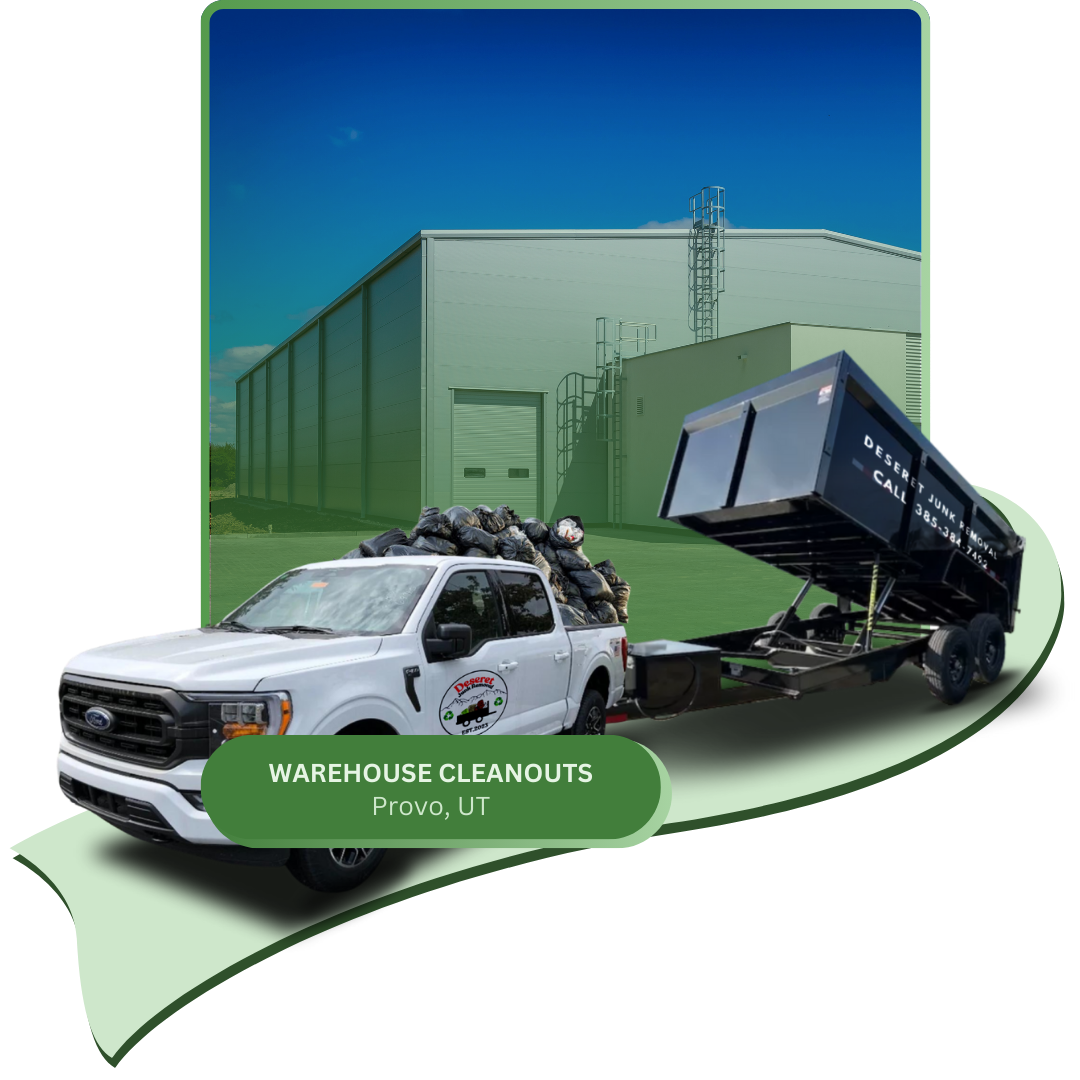 A Deseret junk removal pick-up car with black junk trailer in front of a warehouse.